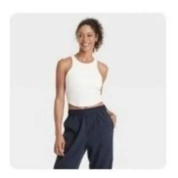 All In Motion Ribbed High Neck Racerback Cropped Tank Top in Cream Size XL - Picture 1 of 5